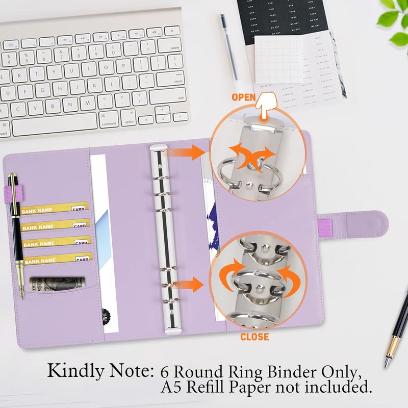 Toplive A5 Binder 6 Ring Personal Organizer Planner Binder Cover Makaron Purple Portfolio Folder for Women with Macaron Colors,6 Ring A5 Binder - Image 5